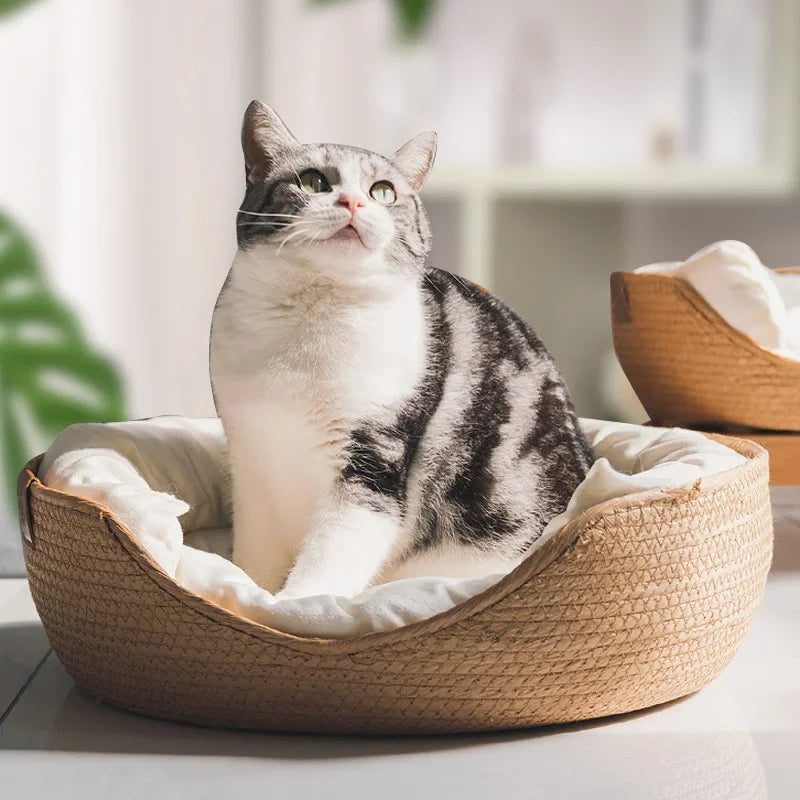 Handwoven Bamboo & Cotton Pet Bed for Cats & Dogs