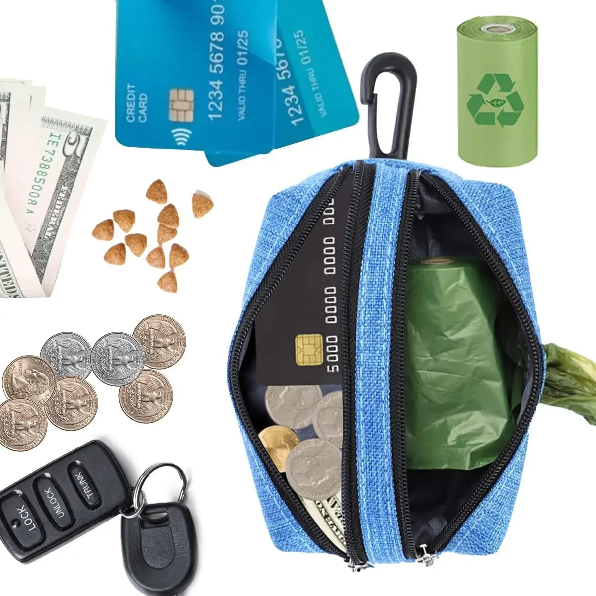 Dog Poop Bag Dispenser with Dual Pockets & Leash Attachment