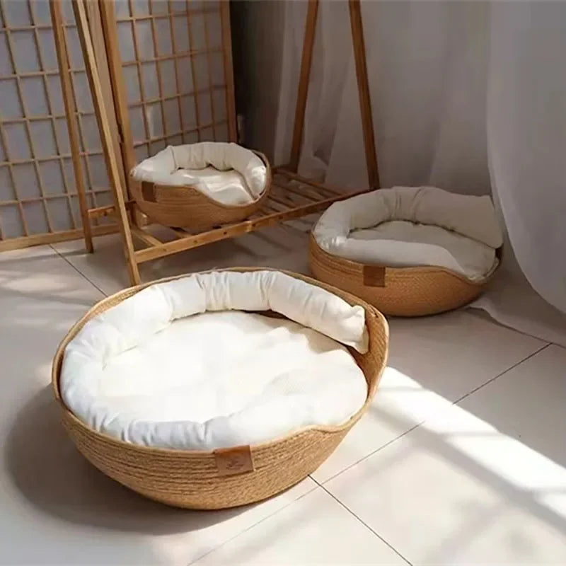 Handwoven Bamboo & Cotton Pet Bed for Cats & Dogs