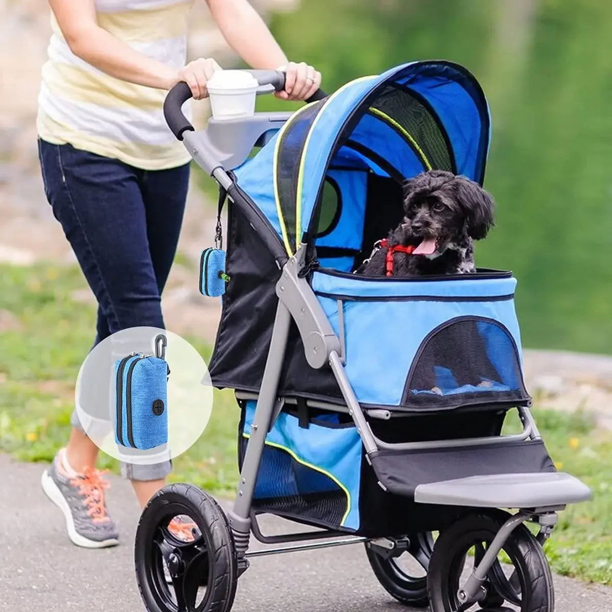 Dog Poop Bag Dispenser with Dual Pockets & Leash Attachment